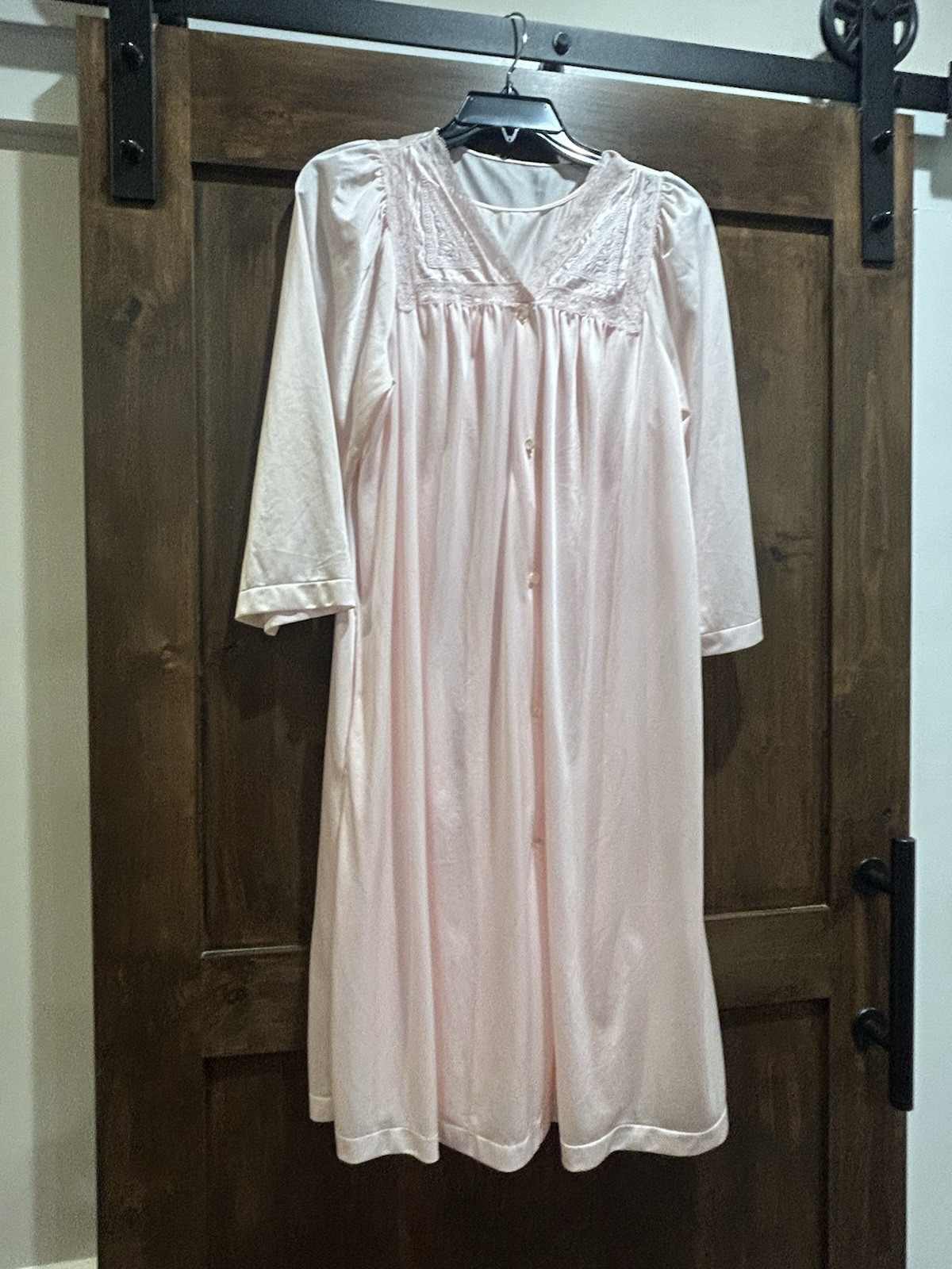 M48 Vintage Sz M ShadowLine Nightgown & Robe Pink Satin Nylon 3/4 Sleeves Lace