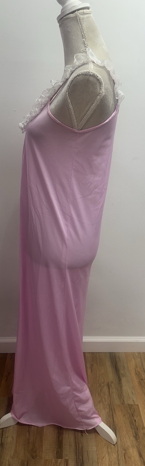Vintage Spotlight Long Pink Lace Ruffle Nightgown Size Small Silky Nylon