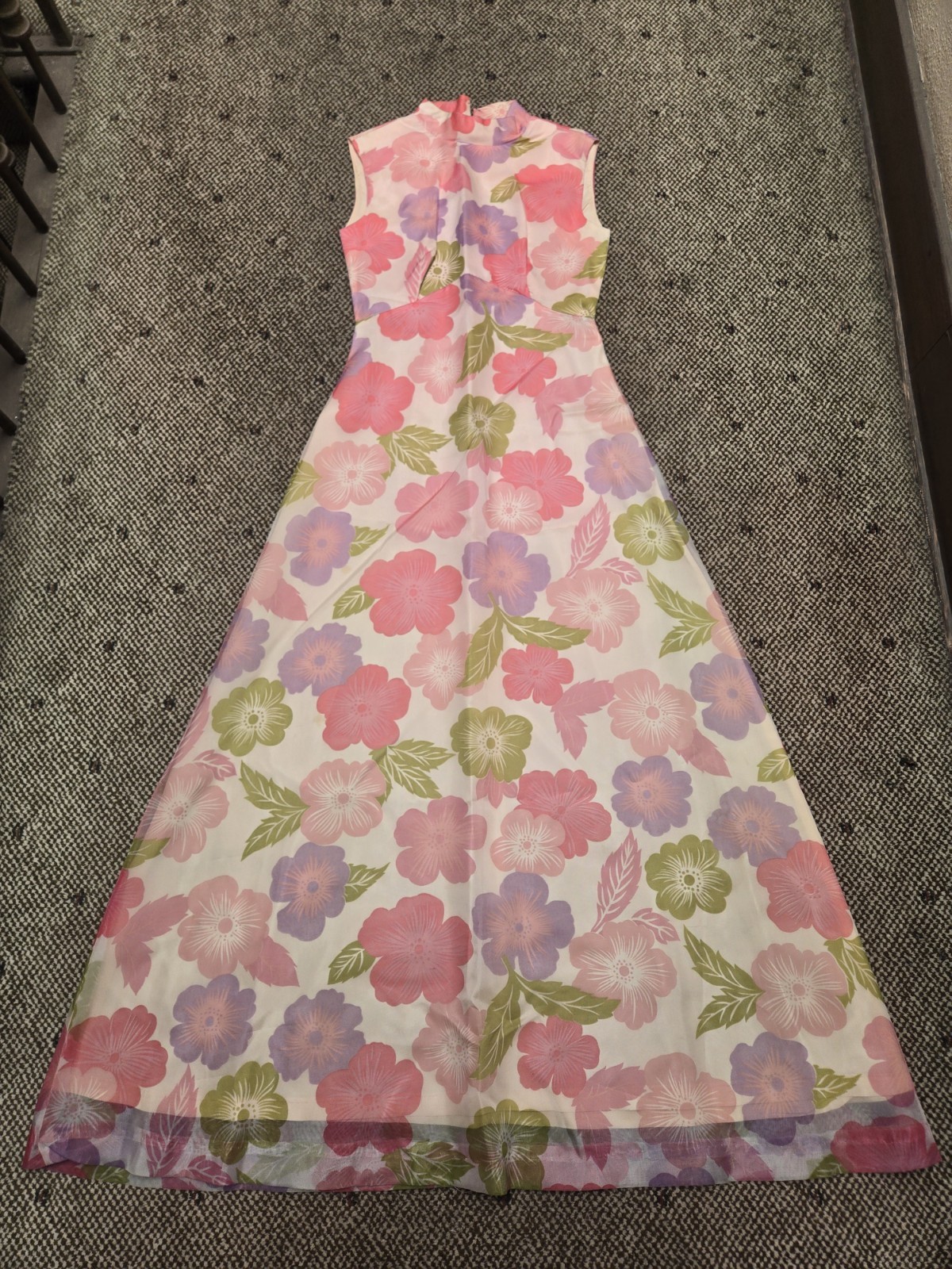 Vtg 60s 70s Hawaii Hawaiian Maxi Dress size 12 Acrylic Pink Lavender Hibiscus