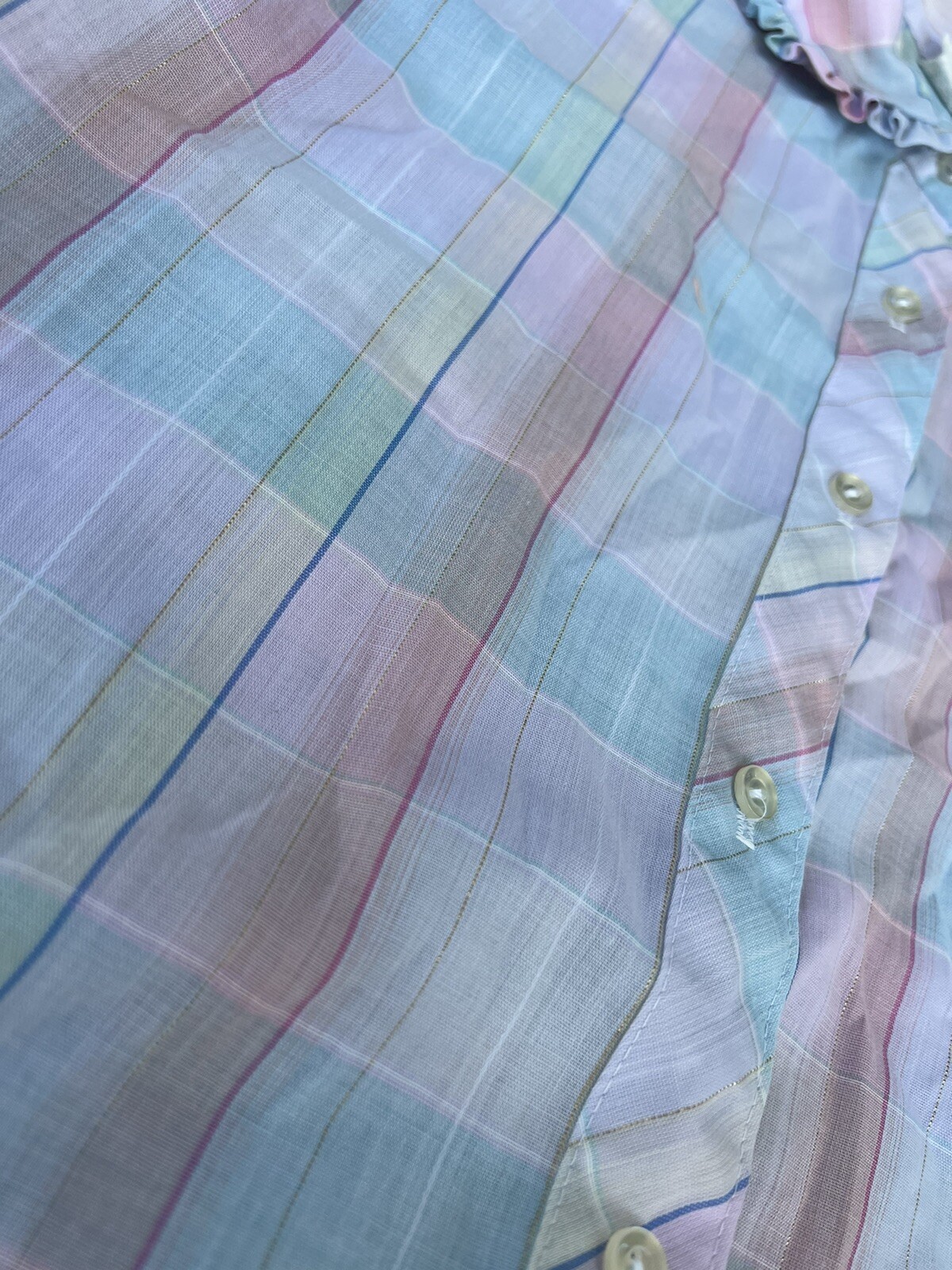 Vntg 1950s Pastel Multi Color Plaid Blouse With Ruffle Collar Classic Size XS/S