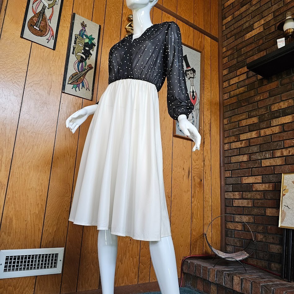Vtg 70s Disco Hearts Print Bishop Sleeve Blouson Studio 54 Swing Dress XS/S/M