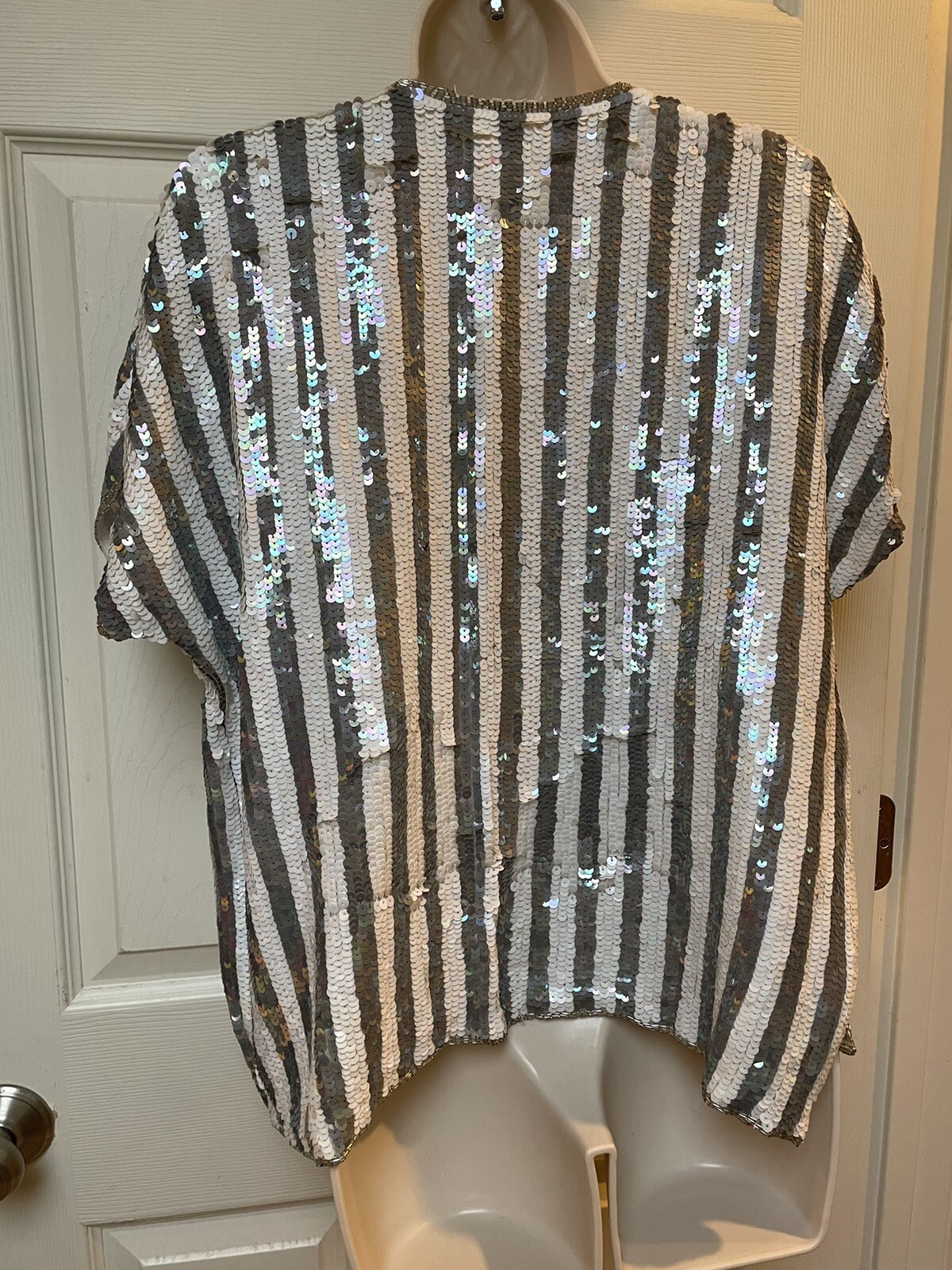 Vintage Sequin Jacket Shrug Silver White Blue Striped And Diamonds Deco Style