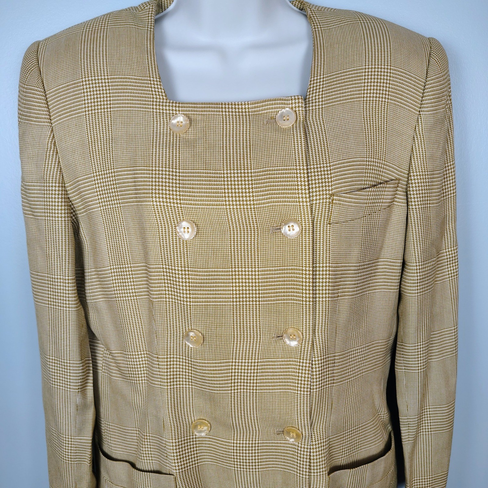 Stirling Cooper Vintage Glen Plaid Skirt Suit Set Tan Mustard Rayon Size 8