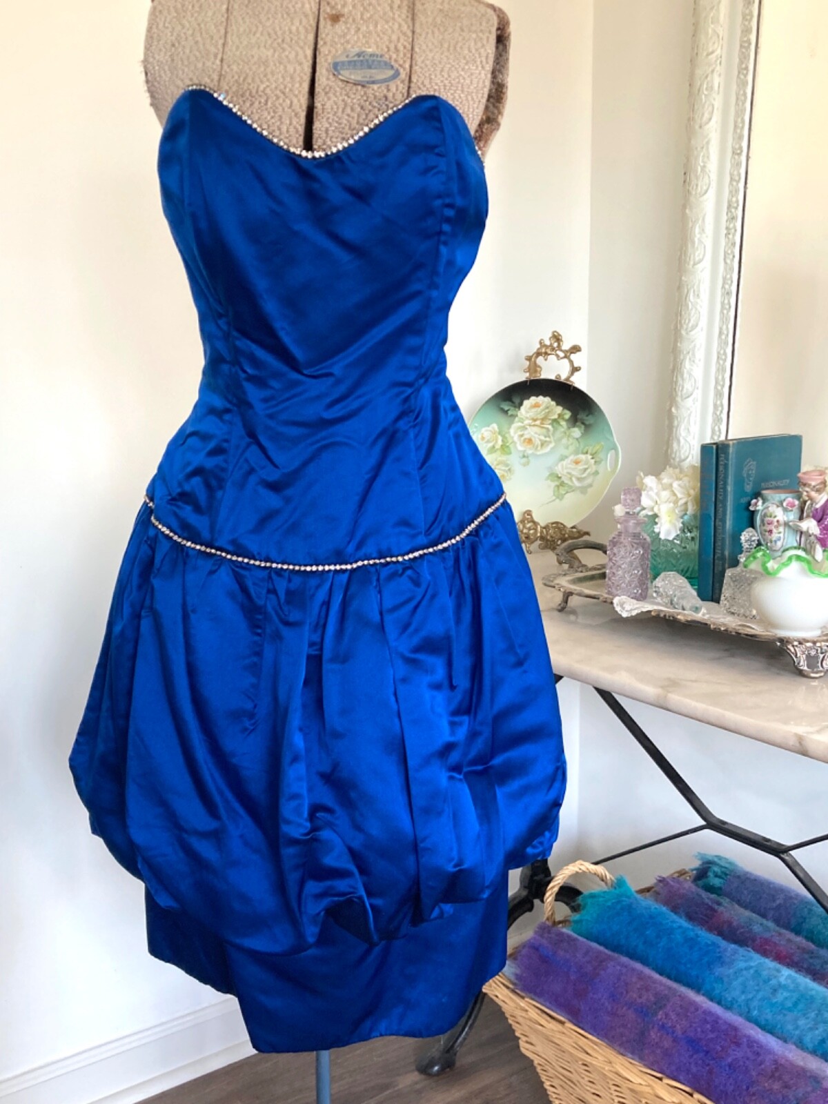 Vintage CACHE Peacock Blue Silk Bubble COCKTAIL Dress Rhinestones Strapless 36