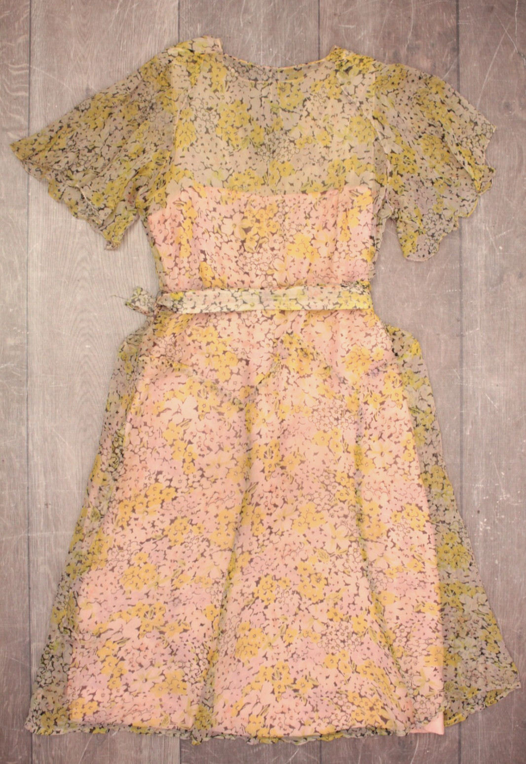 Vtg Women’s 30s Sheer Cream & Yellow Floral Pink Lining Chiffon Dress M/L 1930s