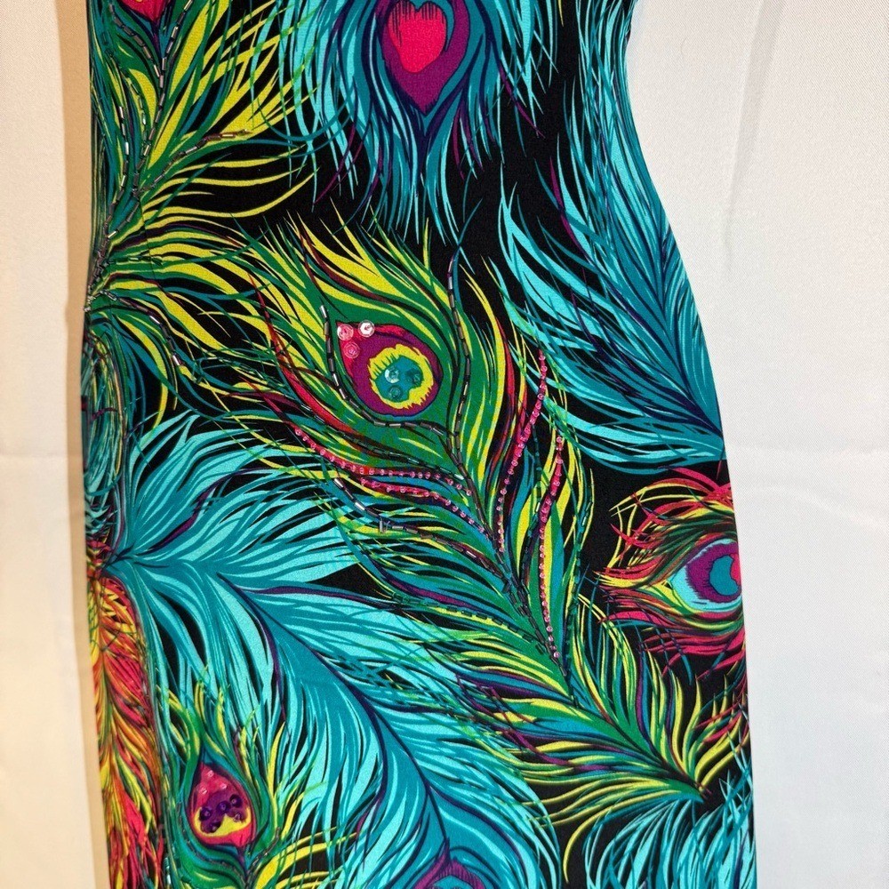 Nanette Lepore 100% Silk Peacock Feather Beaded Slip Dress Y2K Size 4 Rare