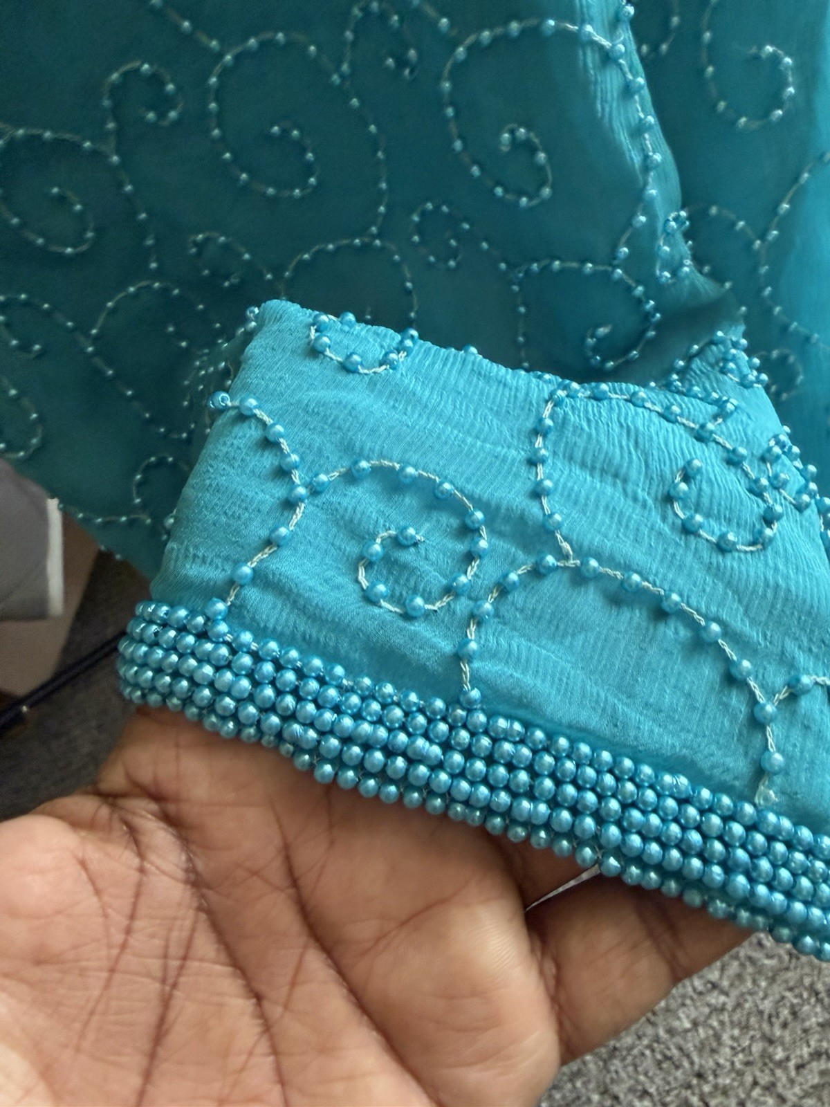 Creative Creations Vintage 100% Silk Dress – Teal Blue Beaded Embroidered Size 8