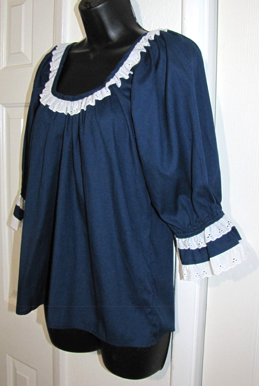 VTG Rockmount Top Navy-Blue Square dance eyelet-Lace-trims Short-sleeve Wm. M