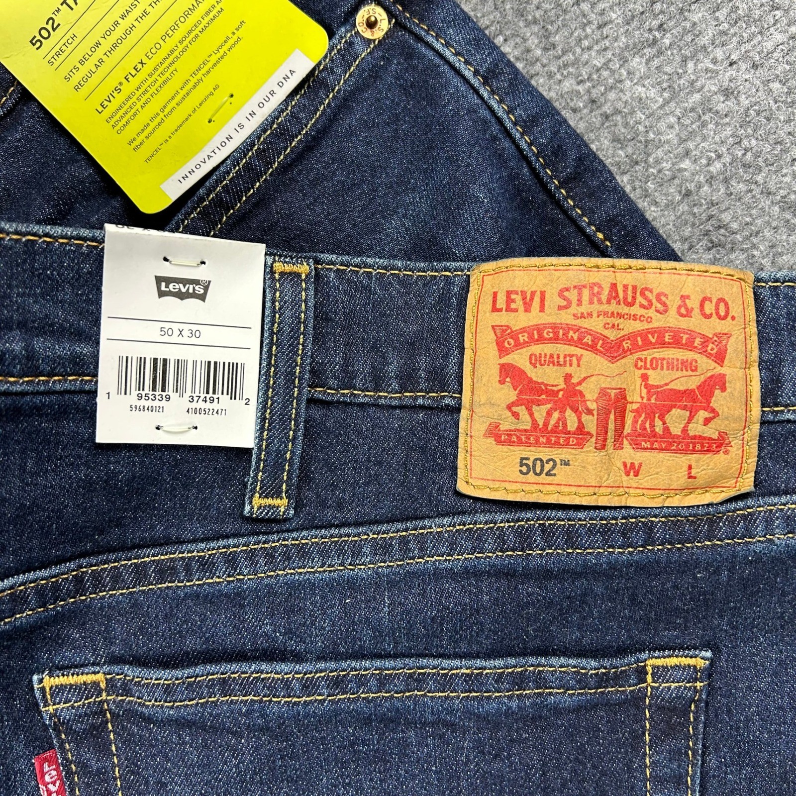 Levi’s 502 Taper Jeans Men 50×30 Blue Dark Wash Flex Stretch Denim New