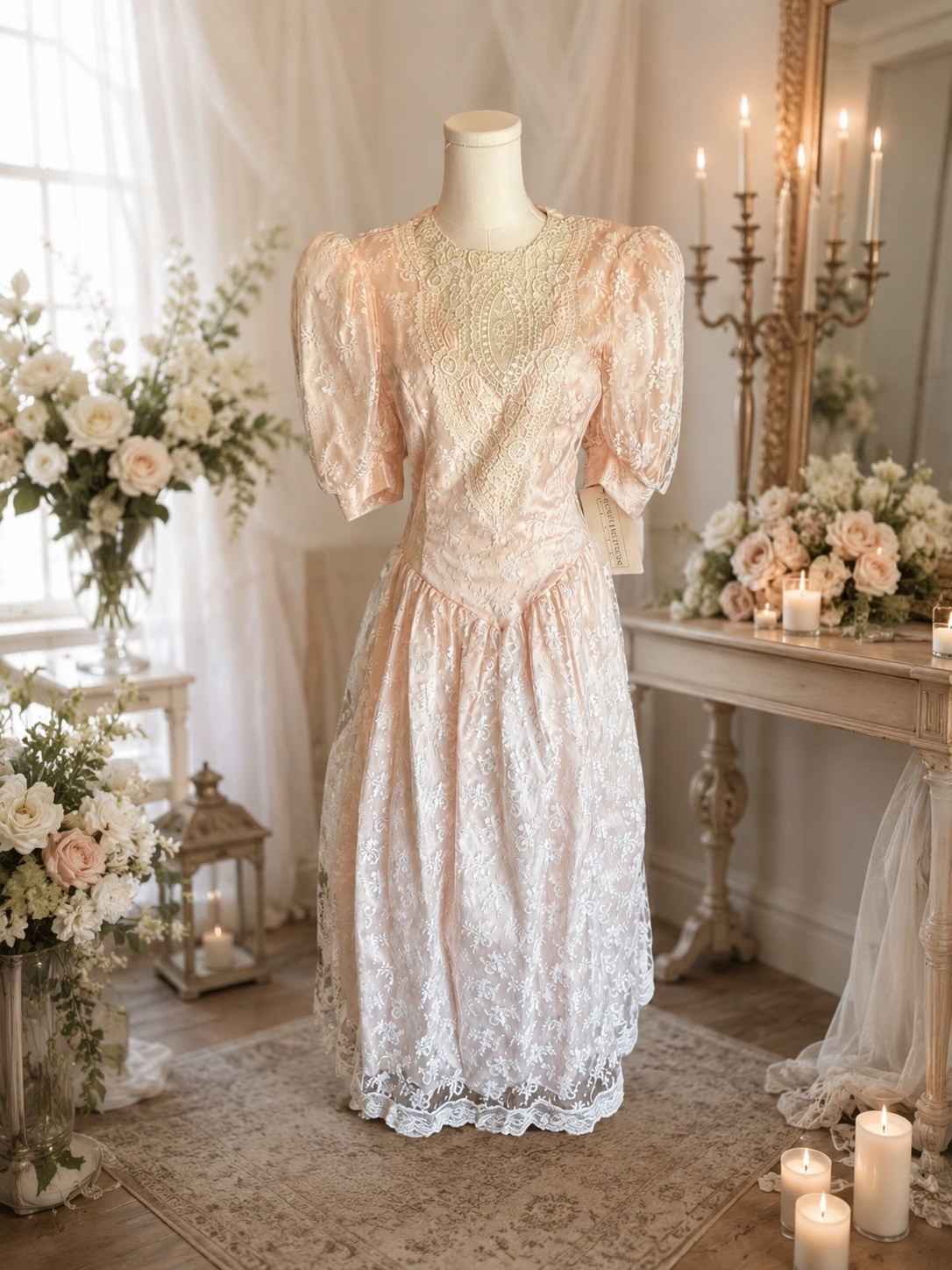 NWT Vintage Scott McClintock Blush Wedding Dress Lace Cottage Prom Prairie sz 10