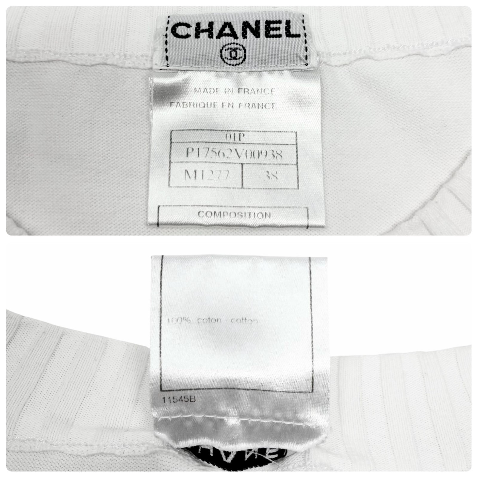 CHANEL Vintage 01P CC Logo Stamp Logo Knit Shirt Top #38 White Greige 901829
