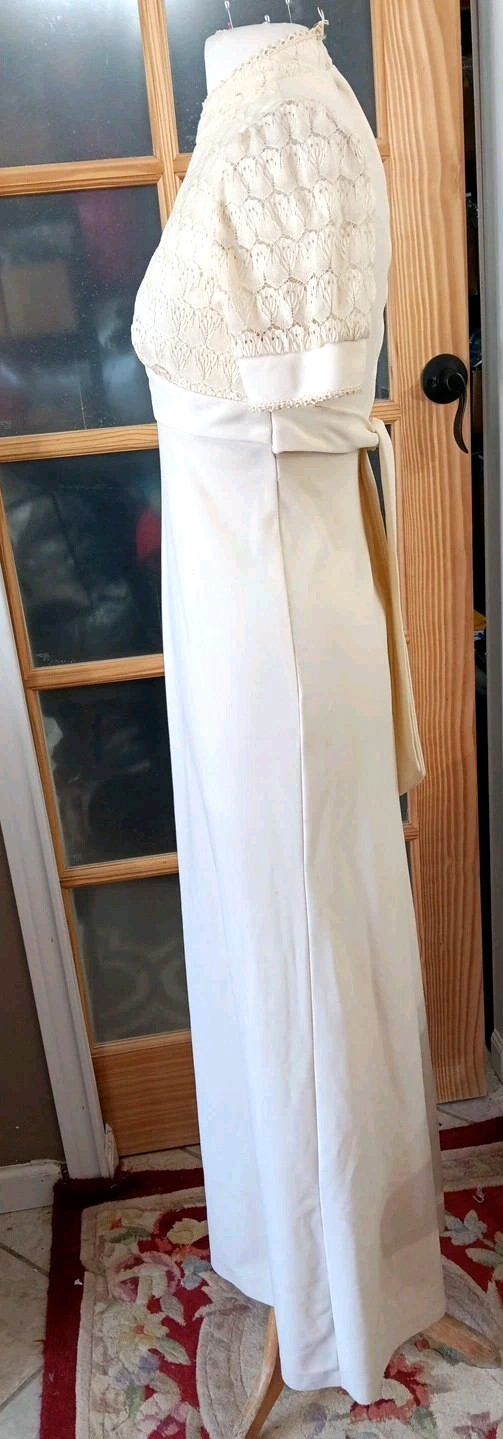 70s Maxi Lace Bodice Empire Waist Cream Crocheted Trim Handmade Wedding Vintage