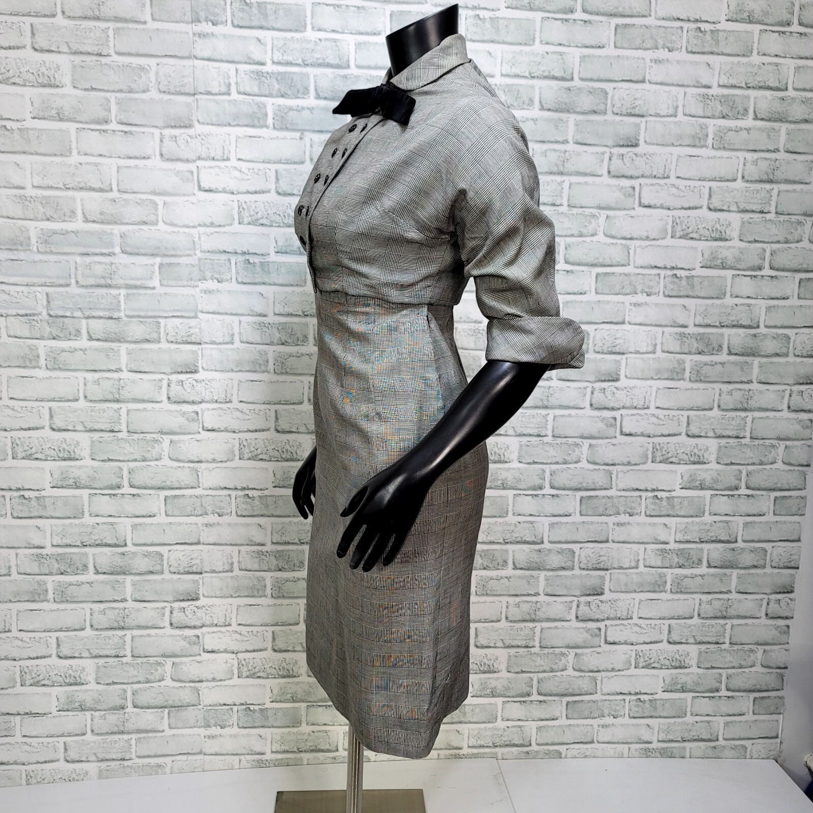 vintage 50s Pat Hartly Houndstooth Plaid Pencil Dress Bolero Set Keyhole Bow