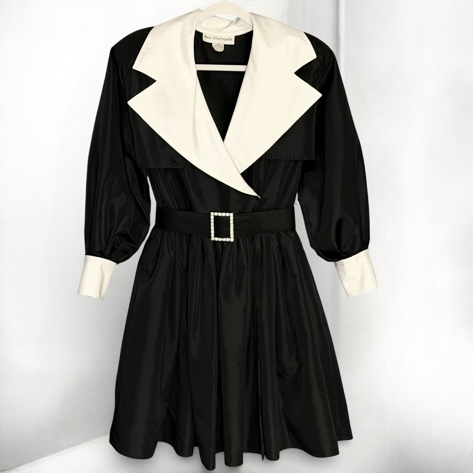 Vintage 80s Lisa Michaels Black White Formal Dress Rhinestone Belt Tulle Size 4