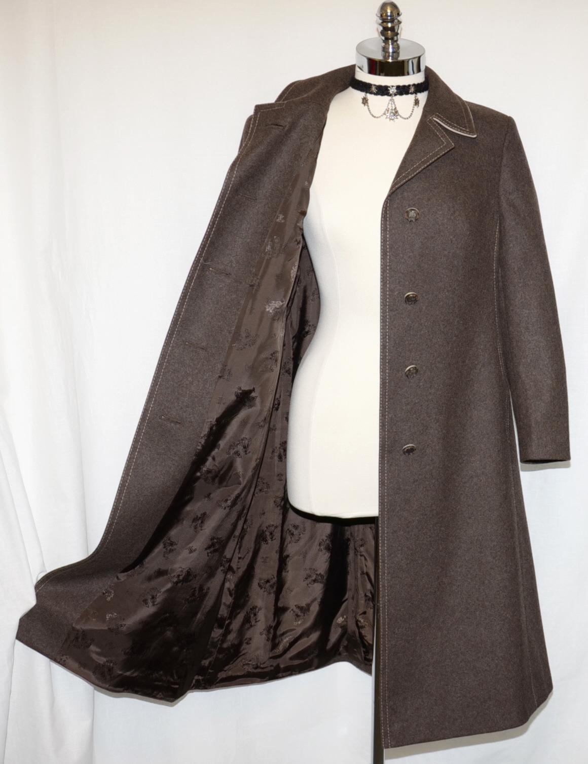 BROWN ~ Loden WOOL Women German Hunting WINTER Trench Jacket LONG Over Coat 10 M