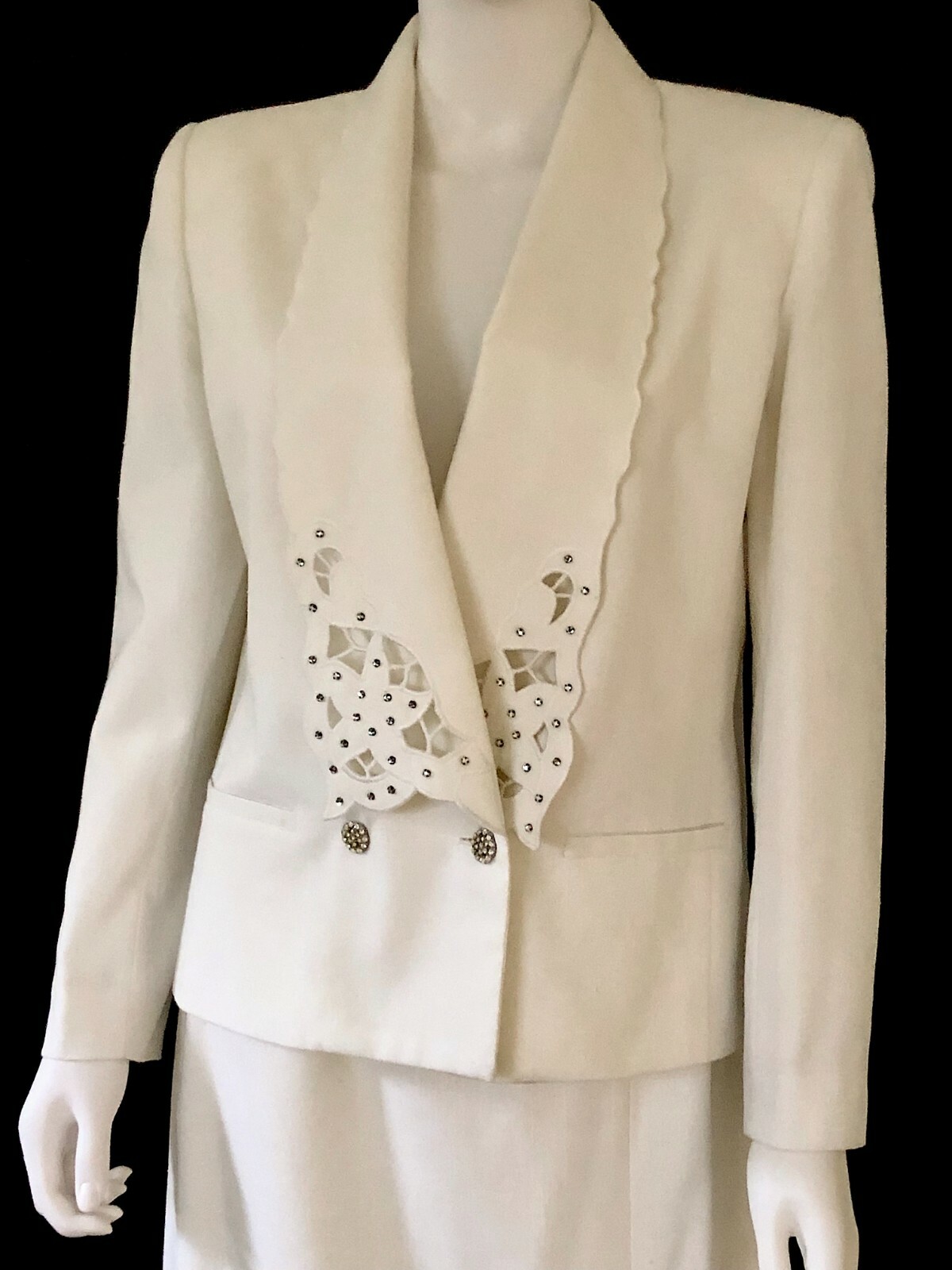 1980s Nolan Miller Dynasty Collection Formal Off White Skirt Suit Rhinestones, 8