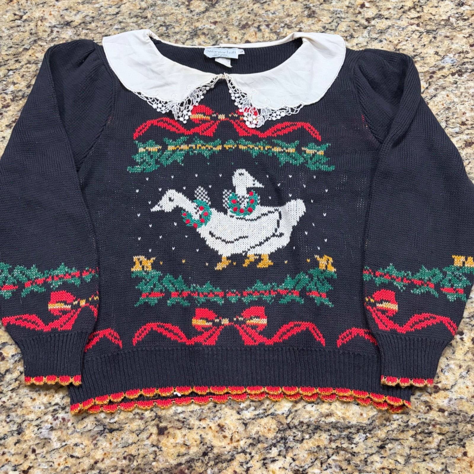 Vintage Sweater Loft Christmas Goose Wreath Lace Collar Knit Sweater Black Large