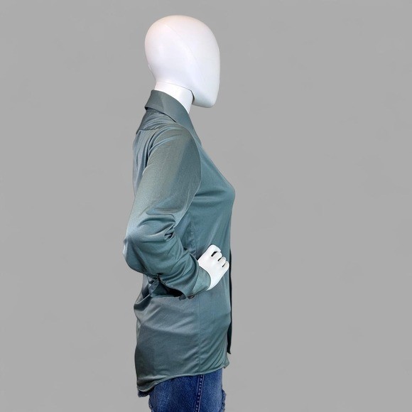 Madison Vintage 70s Sage Green Nylon Disco Shirt Dagger Collar Blouse Womens S