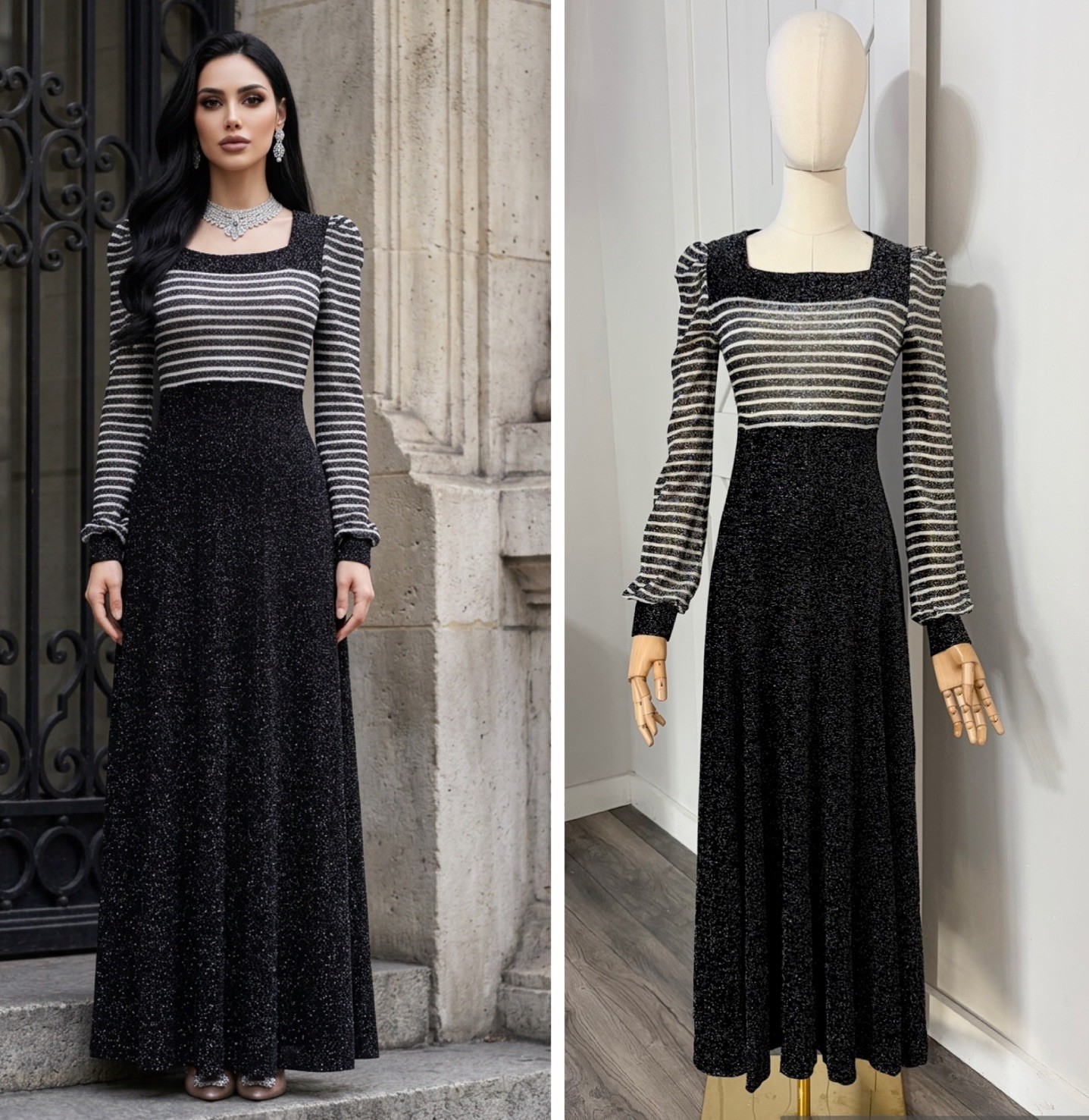 Vintage 70s Mindy Malone Size 5 Shimmery Black Fit And Flare Maxi Party Dress