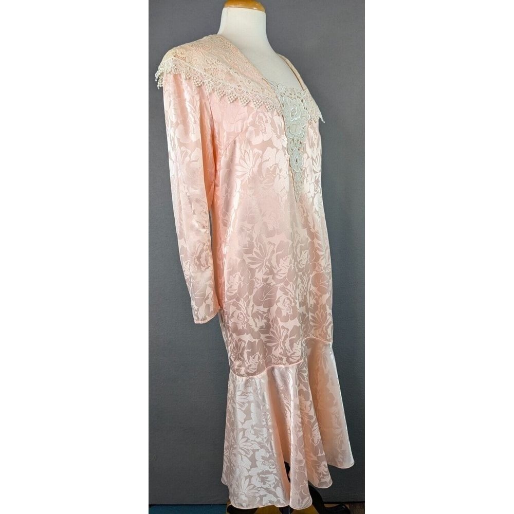Vtg Ursula of Switzerland Dress Pink Floral Lace Long Slv Grandma Cottage Read
