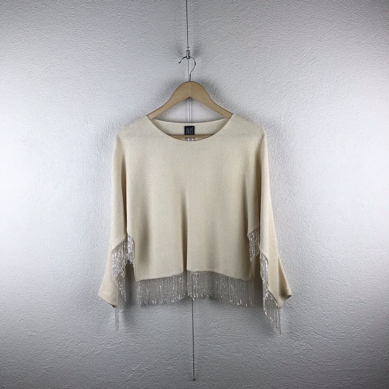 Vintage l 90s Helen HSU Santana Knit Dolman Iridescent Beads Fringe Crop Sweater