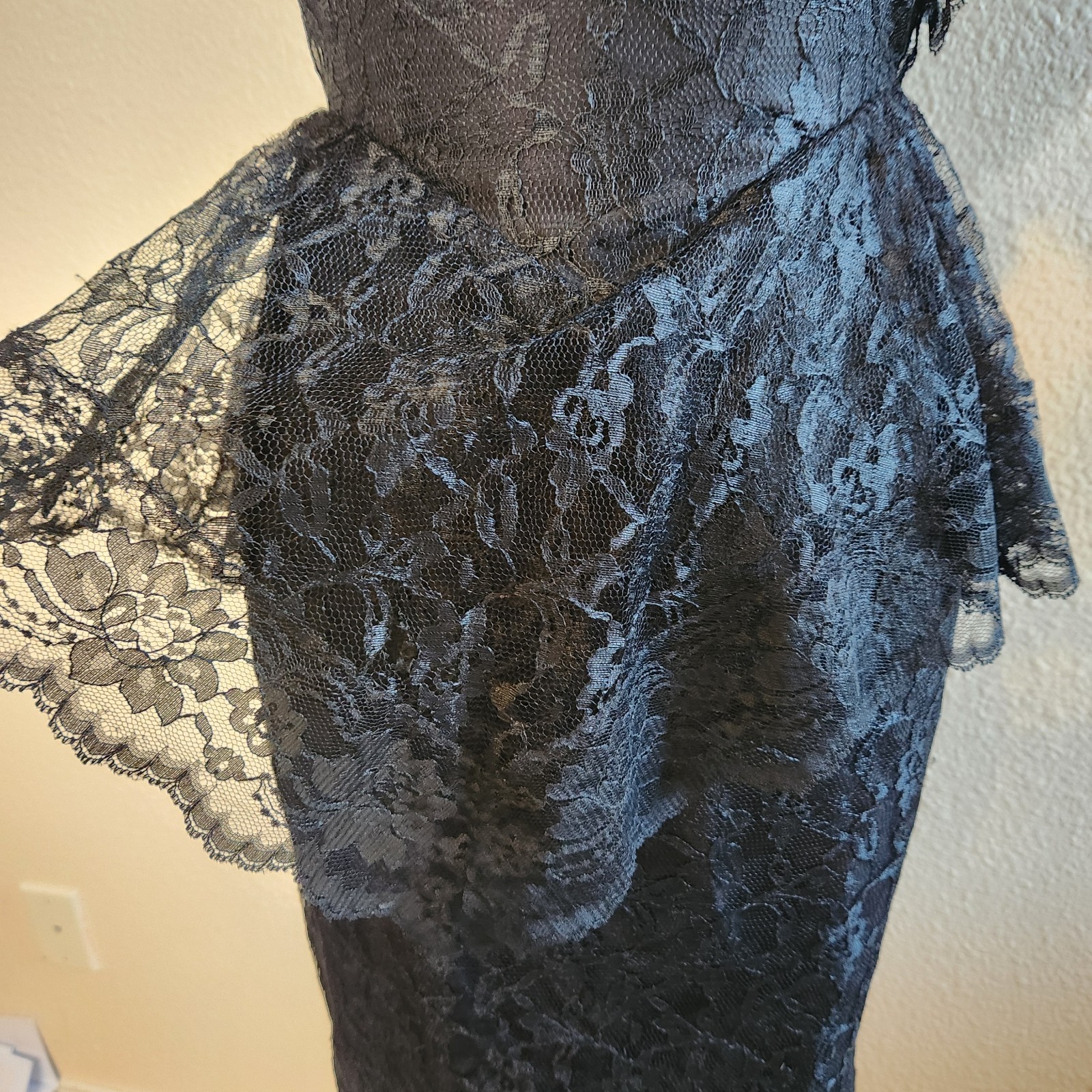 Vtg Black Lace One Shoulder Cocktail Dress 80s Peplum Climax For David Howard