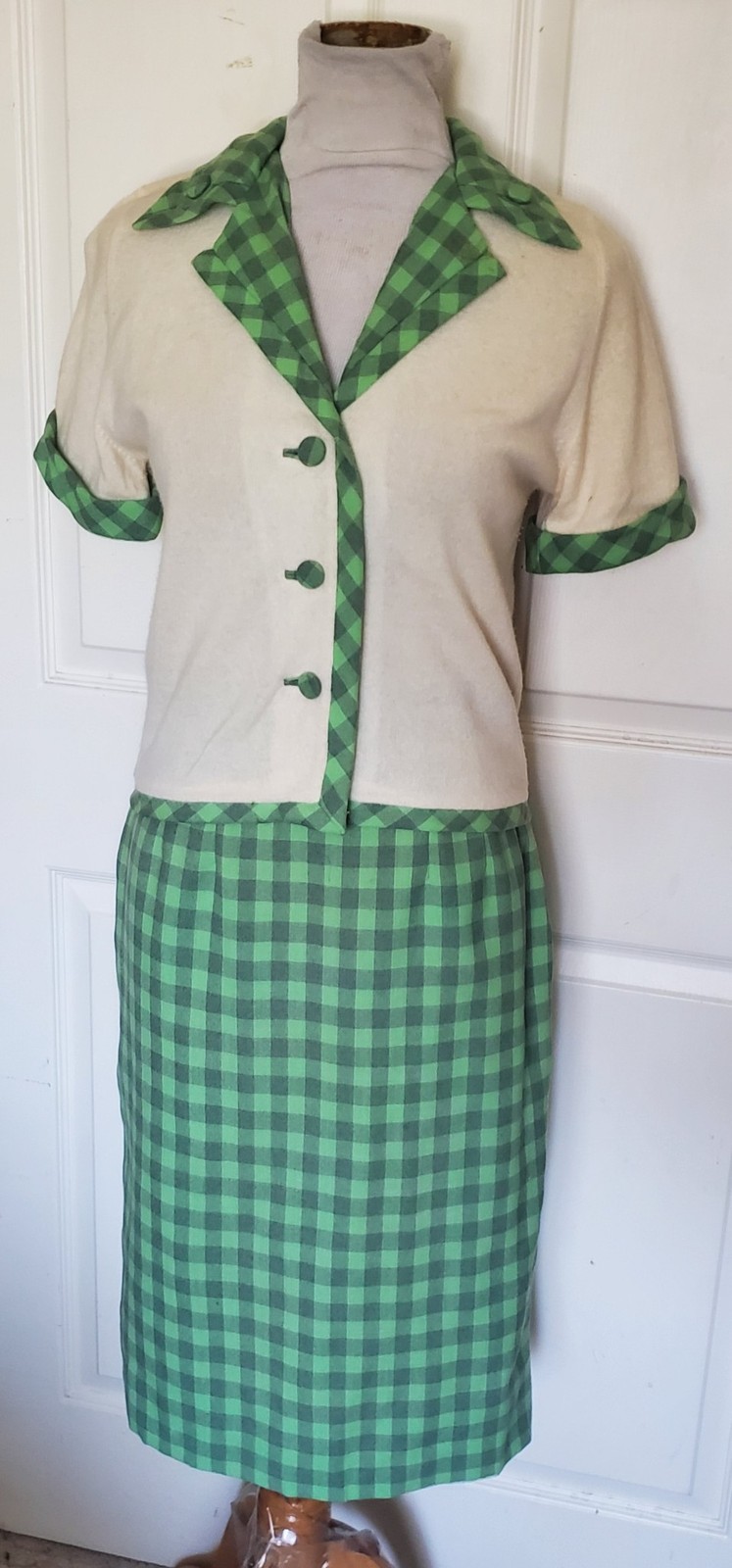 Vintage 50s Two Piece Checked Sweater Skirt Set Green Gray Orlon Wool B36
