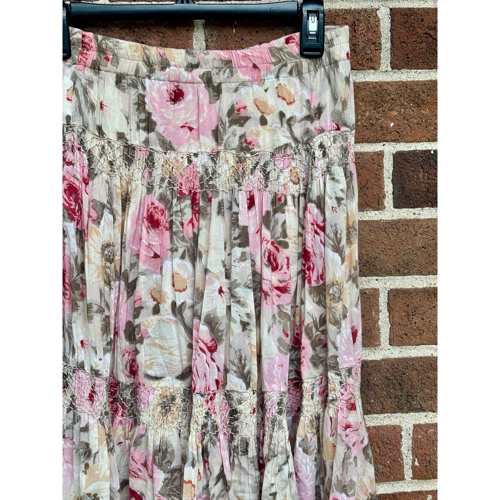 Vintage 1980s Passports Pier 1 Floral Skirt Pink Brown Rayon Cotton Boho Tiers
