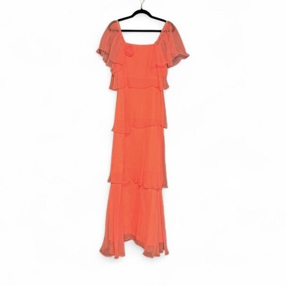 True Vintage 1970s Tiered Gown Women’s Size XS Coral Orange Sheer Rose Retro