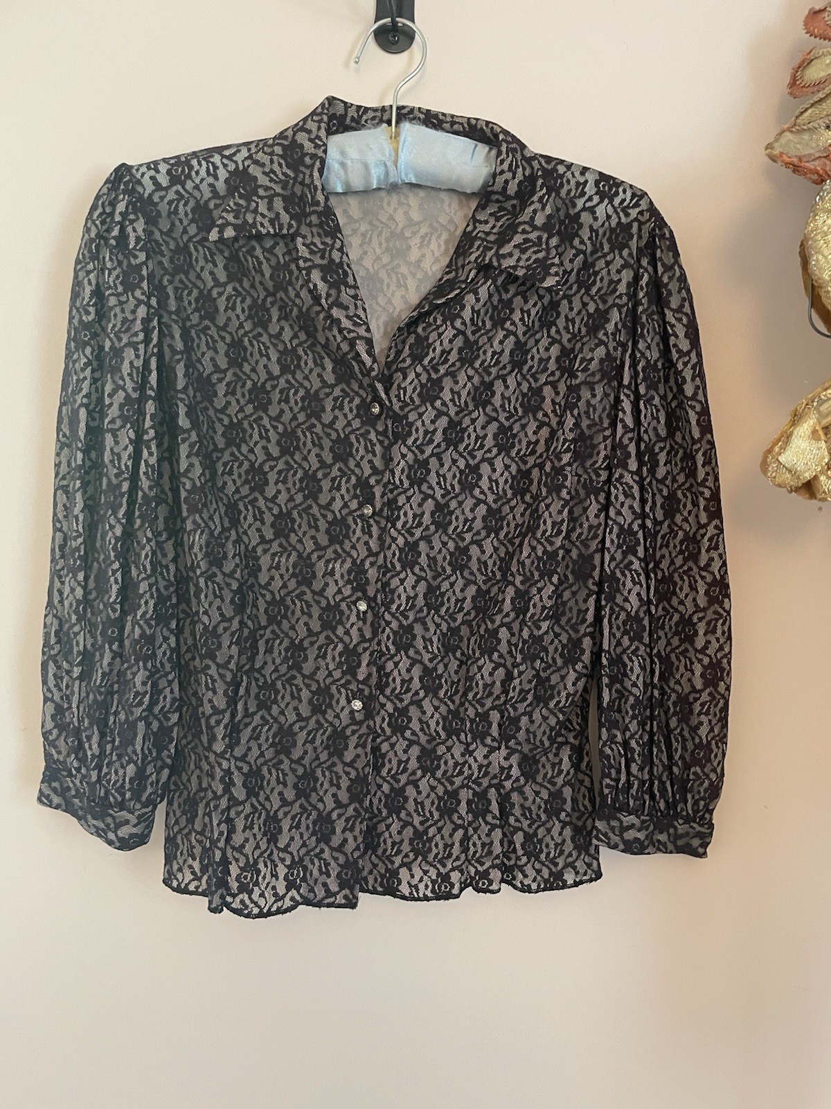 Sheer Black Lace Button-Front Women’s Blouse 1950s- 60s Rhinestone Buttons