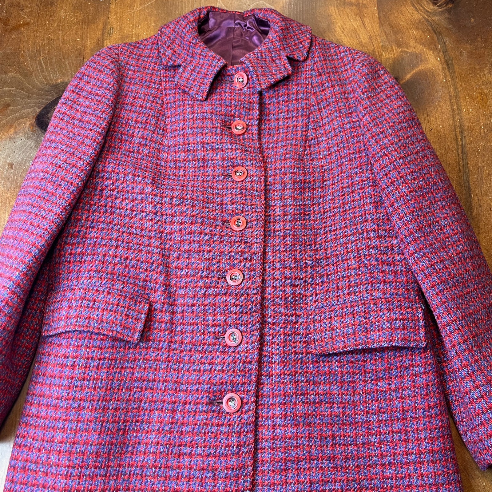 Harris Tweed Coat True Vintage 60s Women S/M Scottish Wool Red Purple Grandma