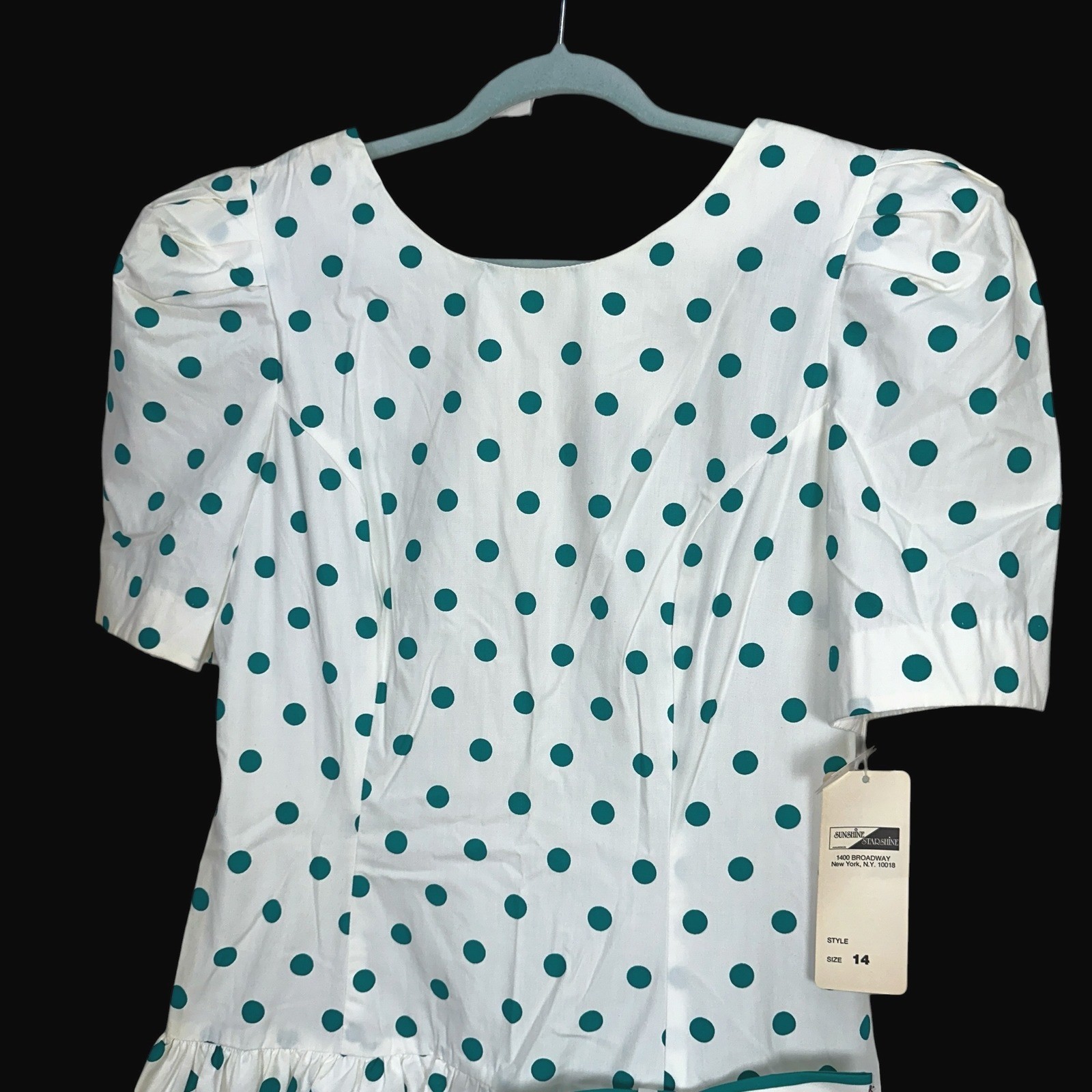 Sunshine Starshine Vintage 80s Polka Dot Peplum Dress Teal White Bow Size 14 NWT