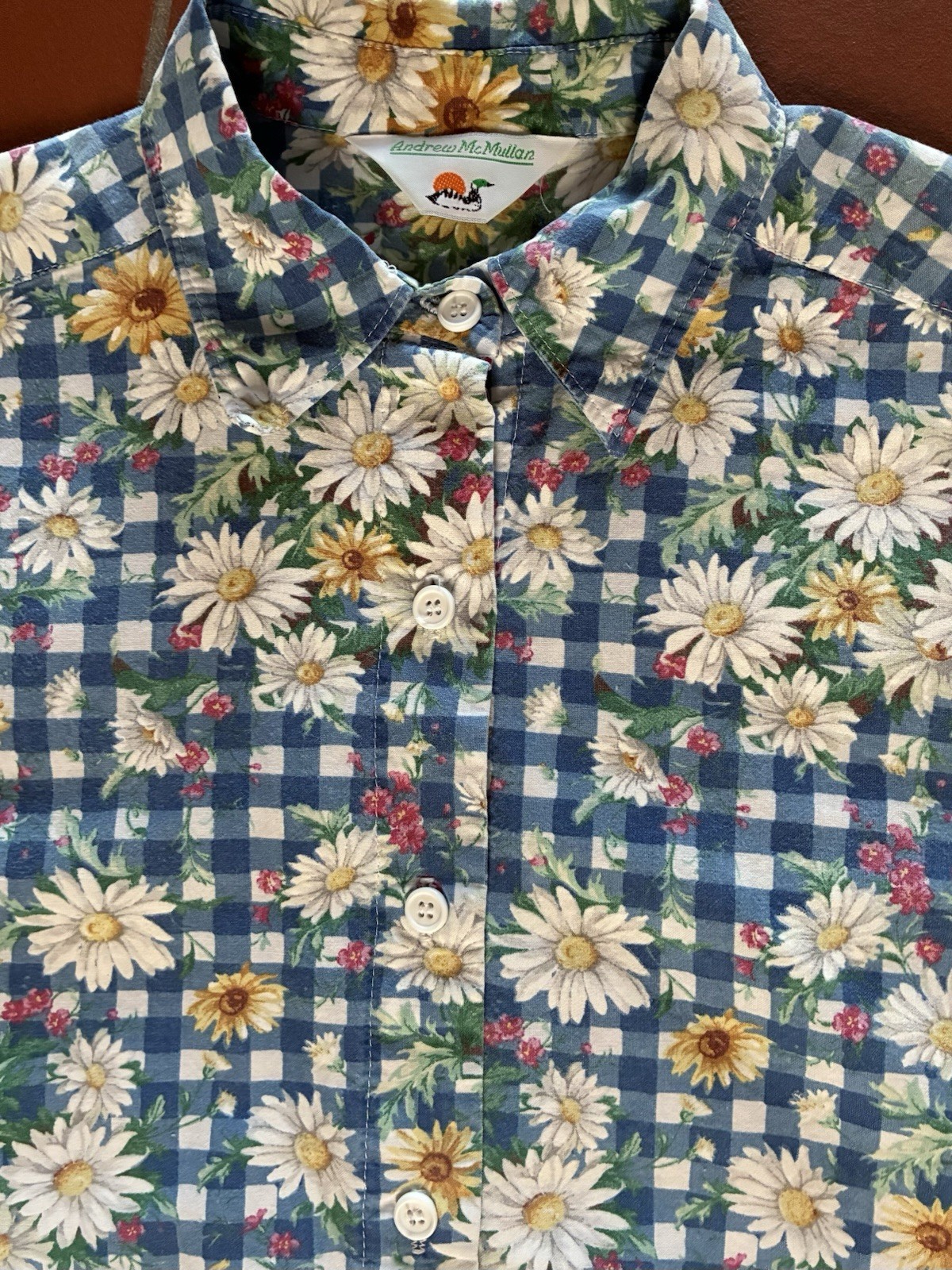 Vintage 80s Andrew McMullan Gingham Daisy Print Button Up Short Sleeve M USA
