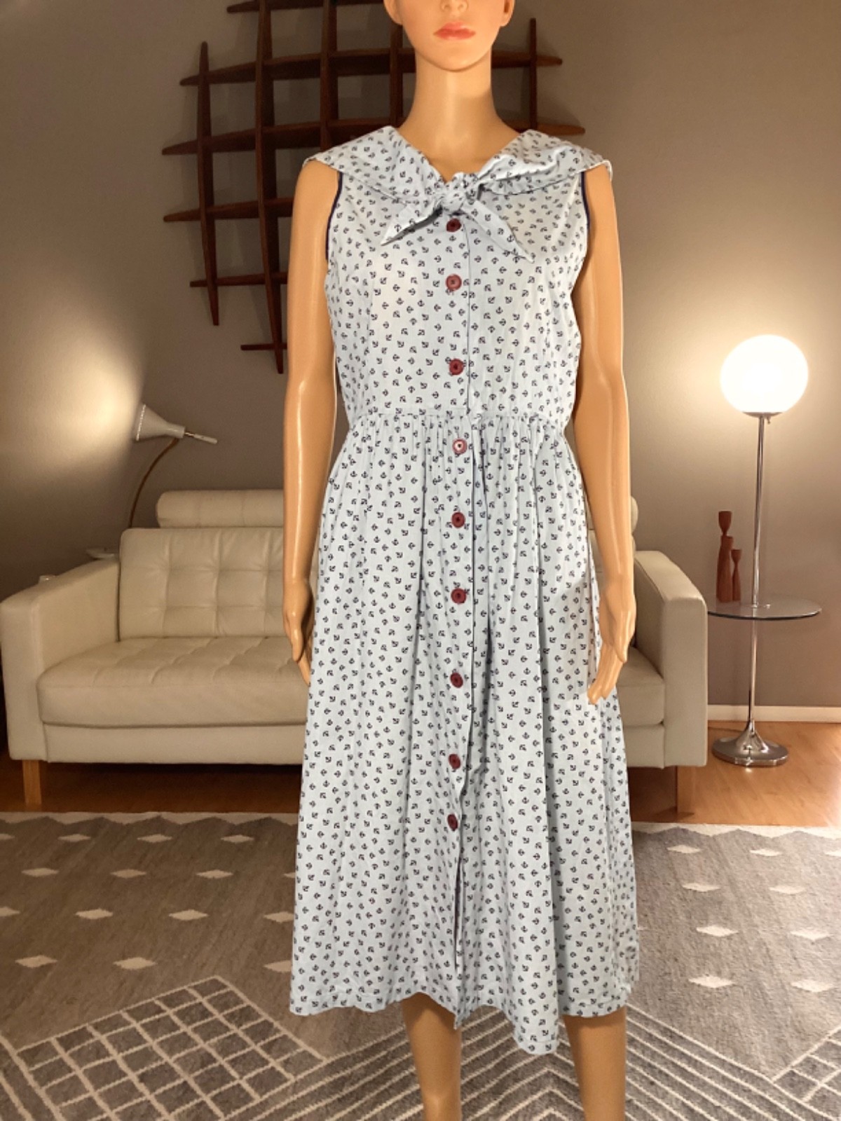 Vintage 40’s 50’s Blue Nautical Sailor Anchor Pattern Novelty Dress