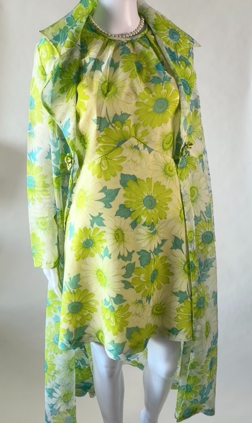60’s Vintage Long Floral Organza Duster Coat & Matching Garden Party Shift Dress
