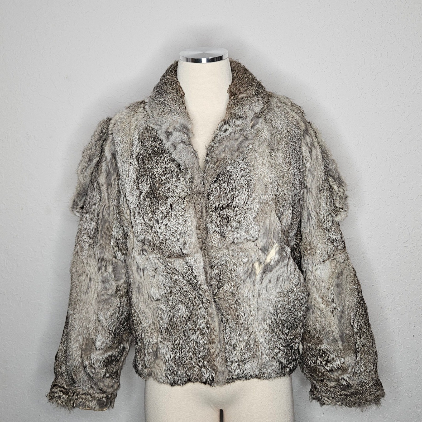 Vintage Genuine Rabbit Fur Coat Grey White Shawl Collar Cropped Jacket