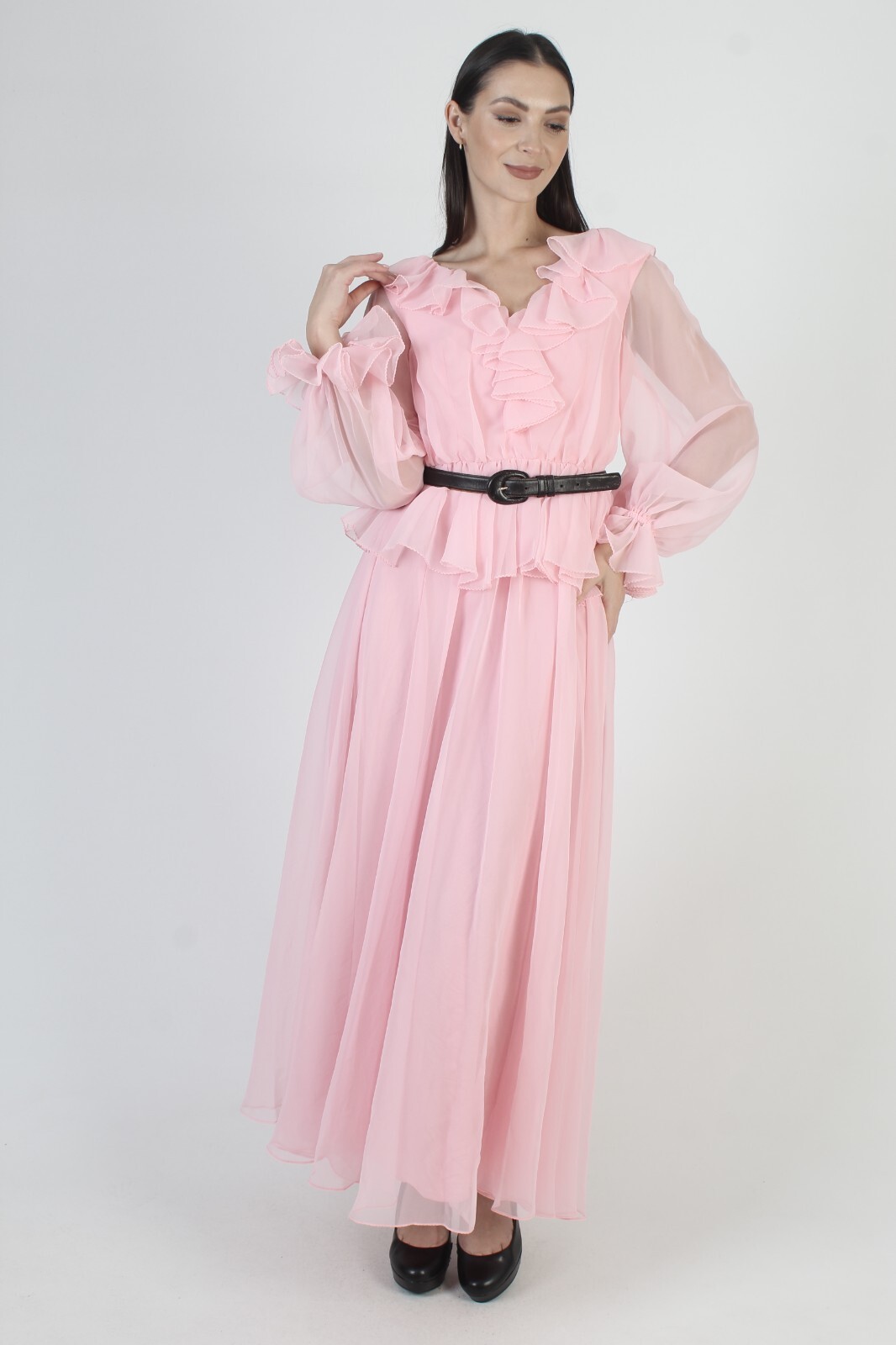 Vintage Cotton Candy Pink Chiffon Dress Sheer Slv Ruffle Party Peplum Maxi Gown