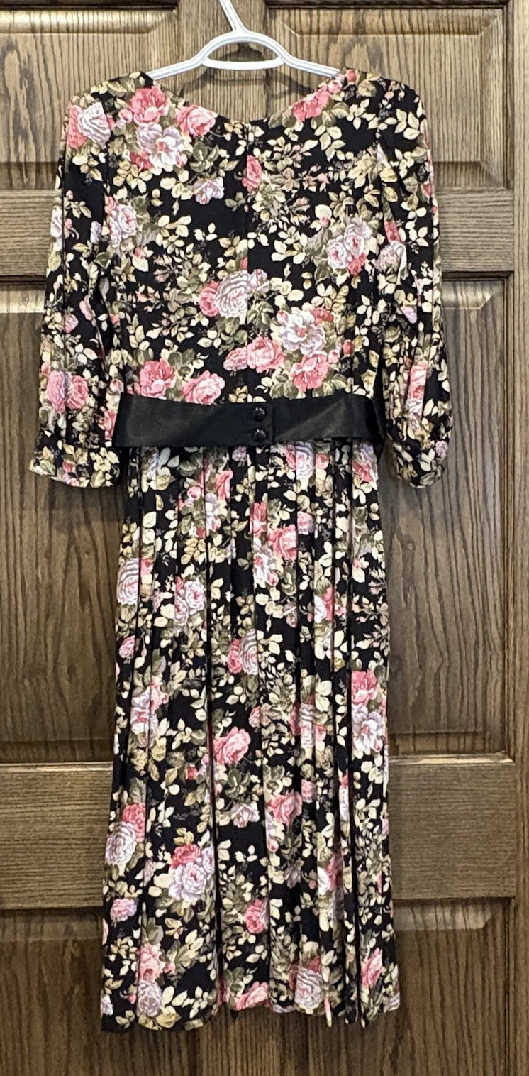 VTG Lanz 6 Petite Pink/Olive Floral On Black Midi Tea Dress W/Belt Full Puffy