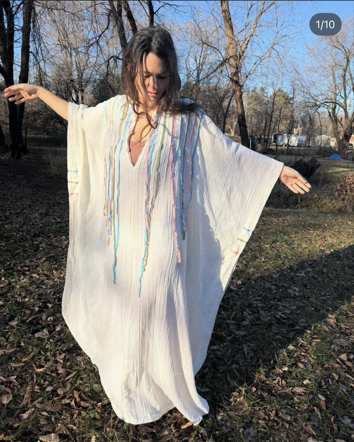 Vintage 1970s Cotton Gauze Ribbon Caftan Open Size