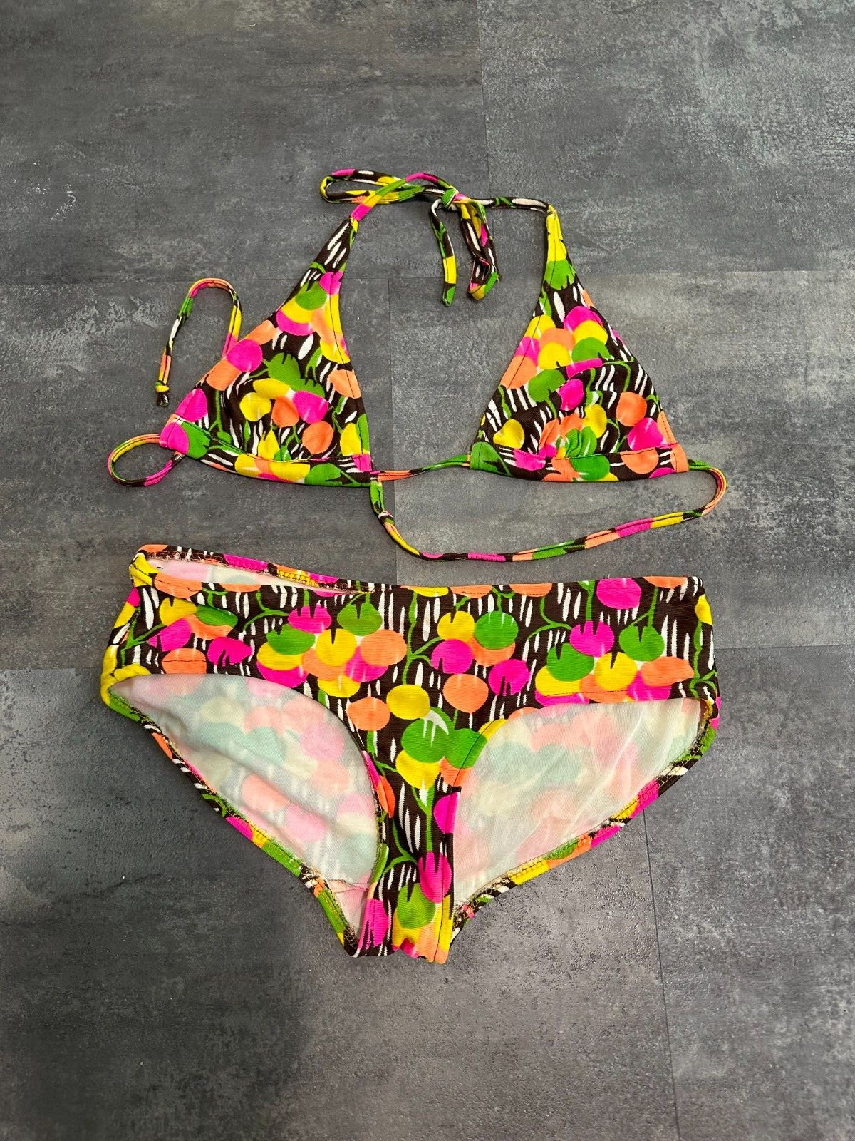 Vintage 60s HANDMADE FLORAL Boho Low rise BIKINI 2PC Foral SWIM SUIT M/L