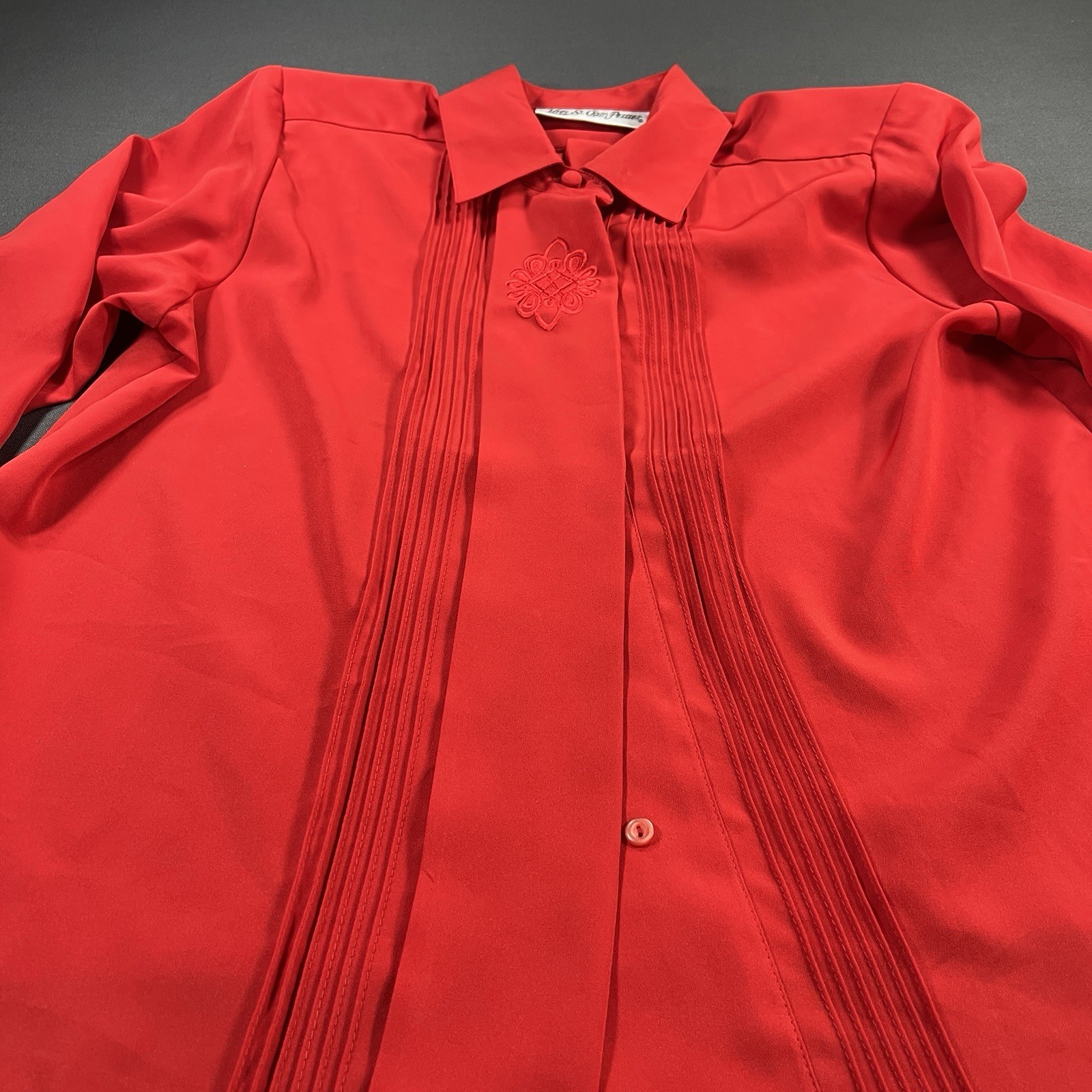 Vintage Yves St. Clair Petites 12P Red Pintuck Embroidered Blouse Shoulder Pads