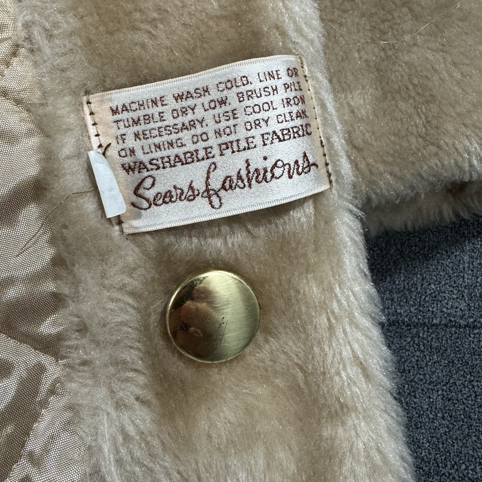Vintage Sears Coat Womens 12 Faux Fur Camel Beige Gold Buttons Double Breasted