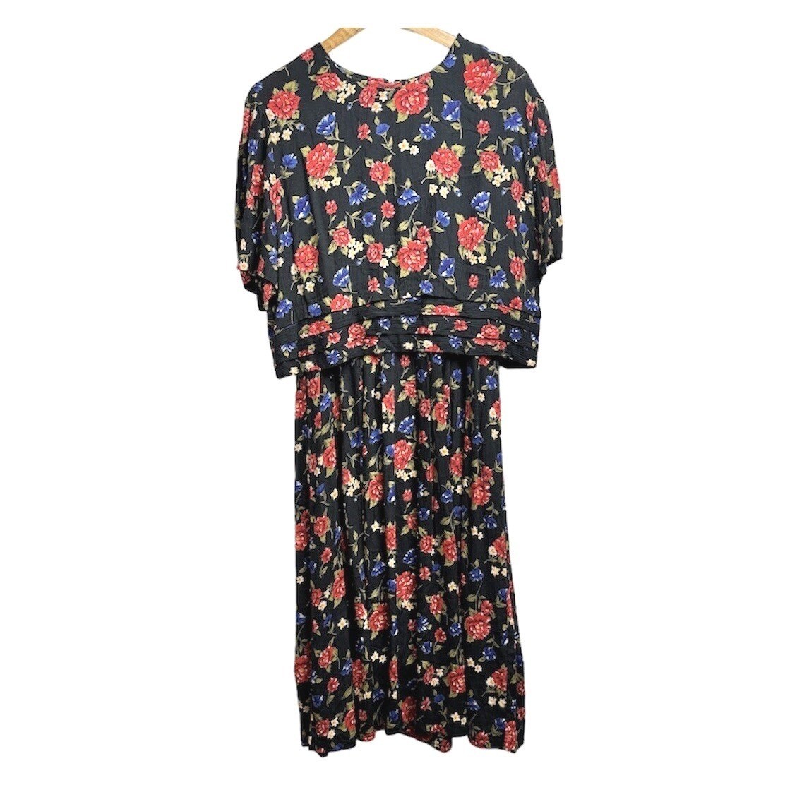 VTG HALMODE Petites 80’s Sz 14P Blue Black Floral Short Sleeve MIDI Dress