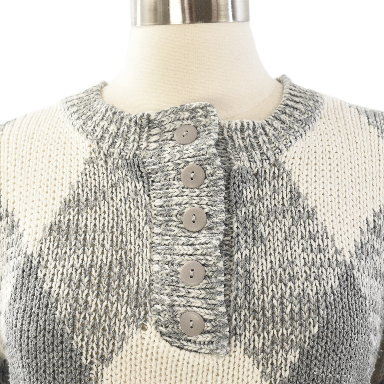 70s Vintage Gray Argyle Henley Sweater Womens M Cropped Knit Bracelet Sleeve