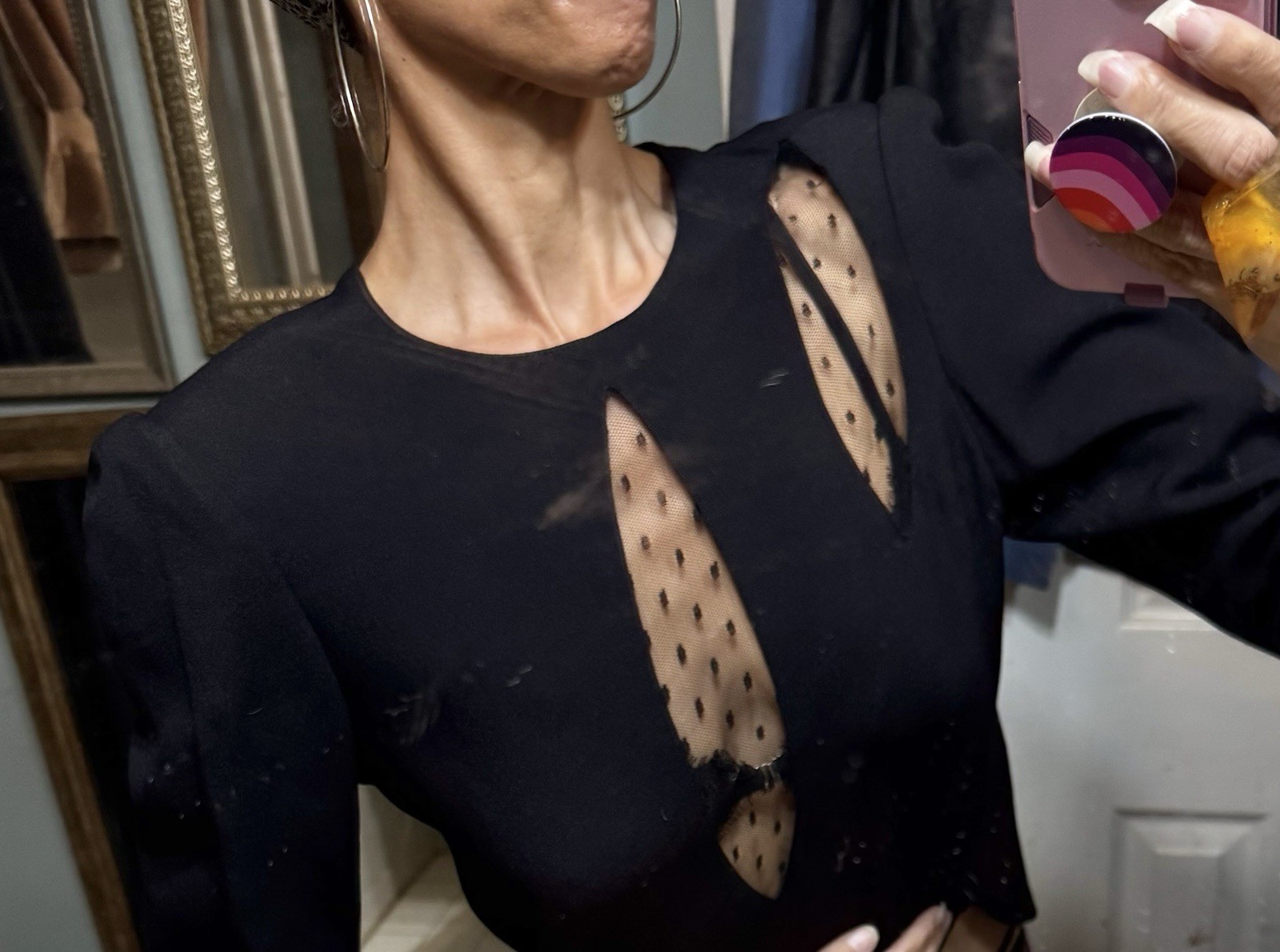 Sonia Rykiel France Black Peep Plunge Sexy Netting Rhinestones LS Blouse Top S