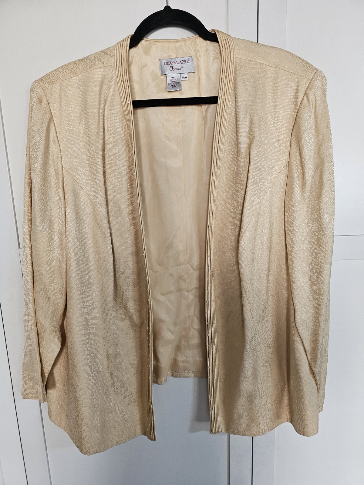 Adrianna Papell Woman 24W 100% Silk Metallic Champagne Gold Evening Blazer Open