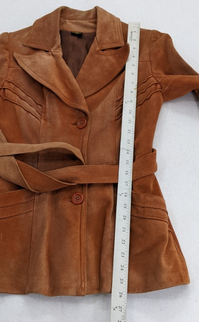 Suede Belted Peacoat 70s Brown Tan Lined Size 9/10