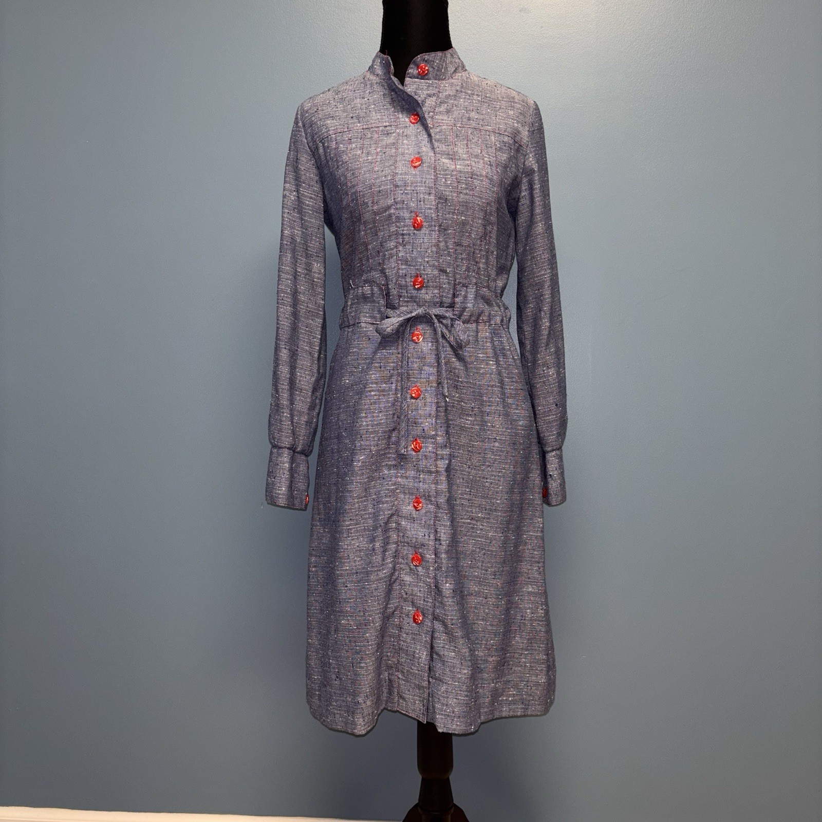Vintage 70s Vicky Vaughn Blue Chambray Midi Dress Red Button Tie Waist Mad Men
