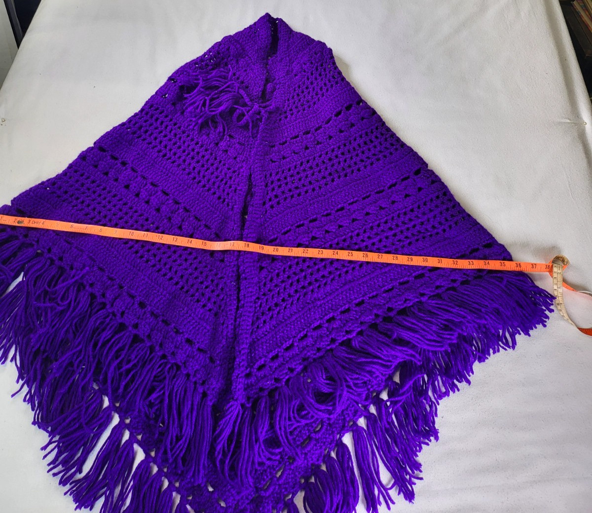 Vintage Crochet Poncho Deep Purple w/Fringe Handmade Boho Hippie Granny Core
