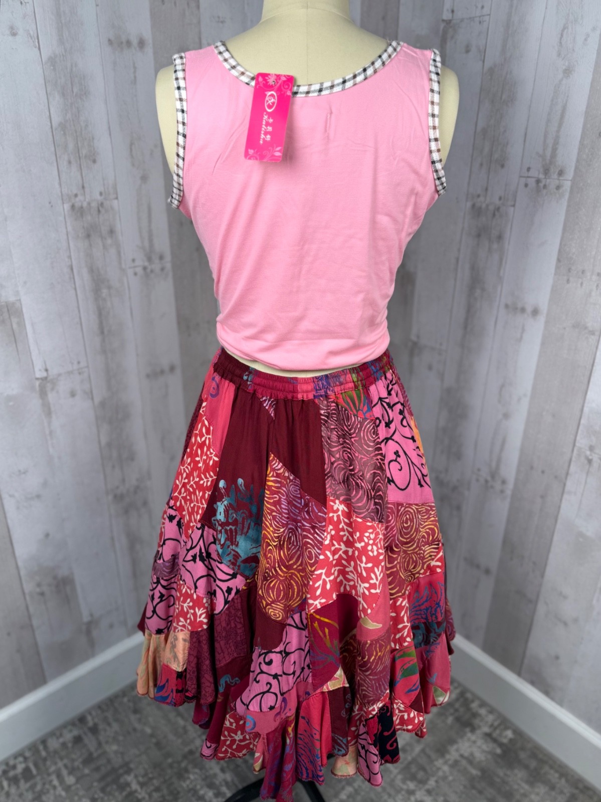 Vintage 1980s Patchwork Skirt Elastic Waist Hot Pink/Magenta +Free Bonus Top M/L